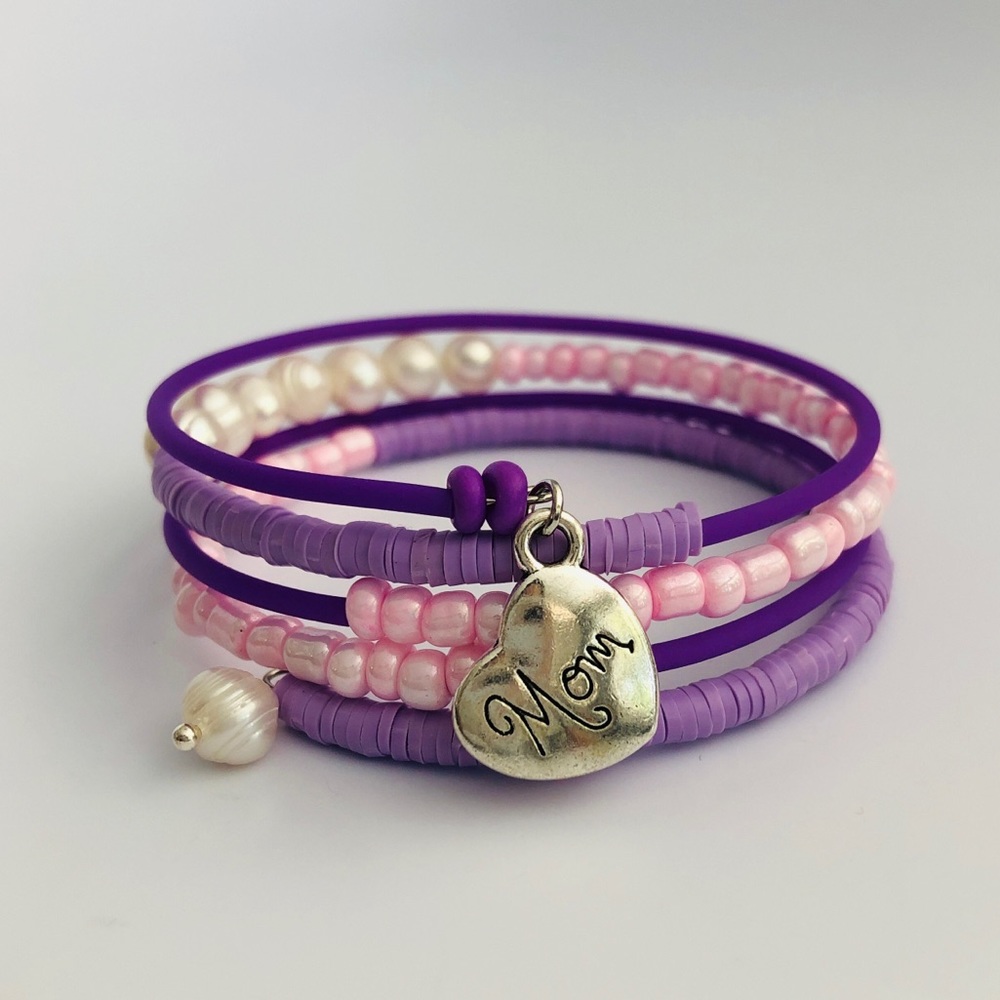Mother’s Day Memory Wire Wrap Beaded Bracelet